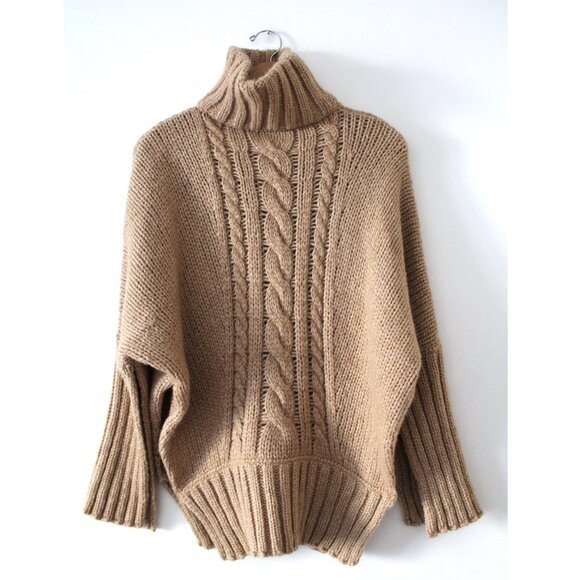 Smythe Turtleneck Blanket Sweater / Medium / Camel Oversized Chunky Knit Long - Picture 5 of 11